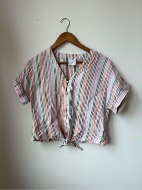 GAP Striped Button-Front Tie Hem Crop Top — Pink, Green, Cream